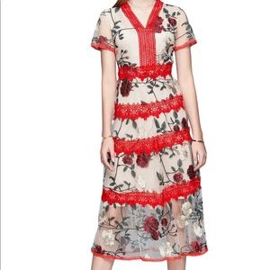 KAIMILAN V-neck Short Sleeve Lace Trim Floral Print A-Line Dress